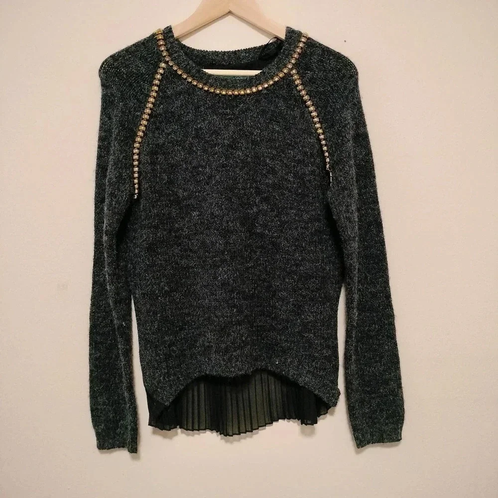 Karlie Size M/L Black Embellish Neckline Sheer pleated back Sweater